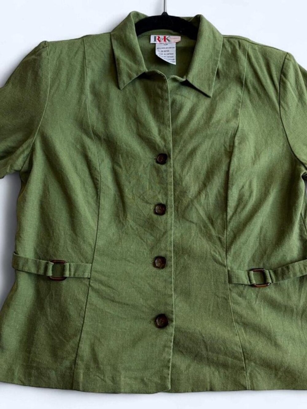 Vintage R&K Originals Petite Linen Olive Green Button Down